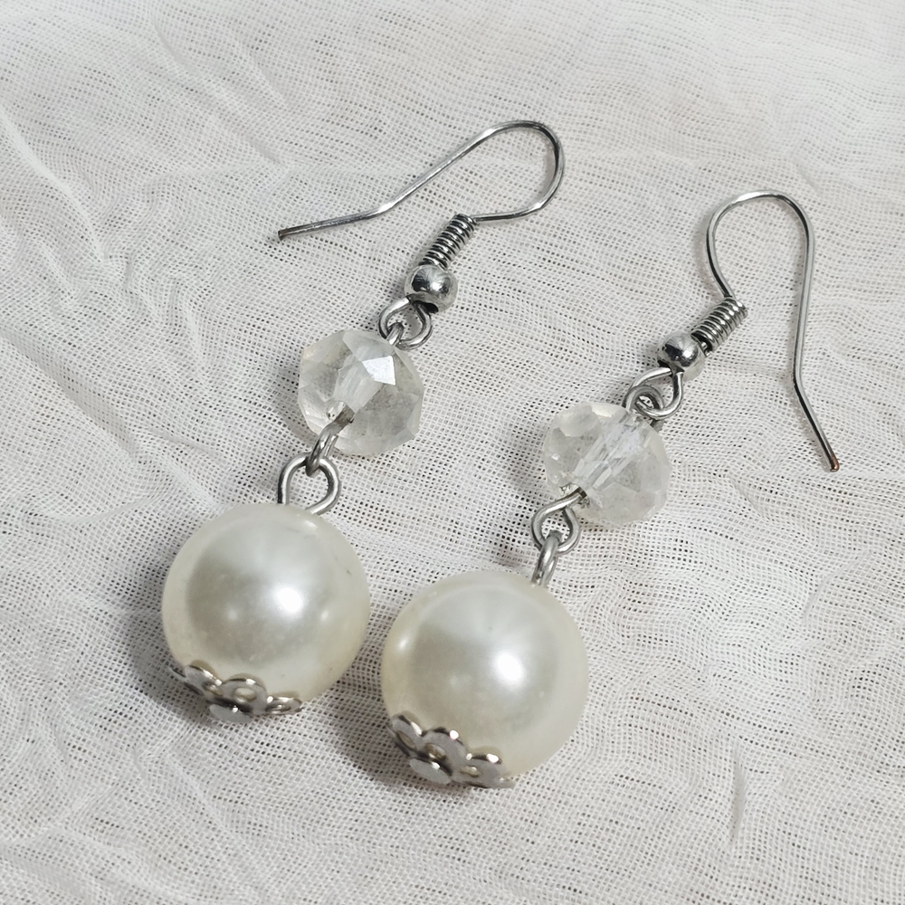 Chic Silver and White Pearl Dangle Earrings